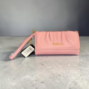 Bebe Womens Trifold Wristlet Wallet‎ Pink Saffiano Pleated Gold Logo NWT